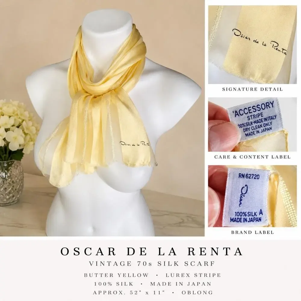 Vintage 70s Oscar de la Renta Silk Scarf Butter Yellow Lurex Stripe Japan 10X52